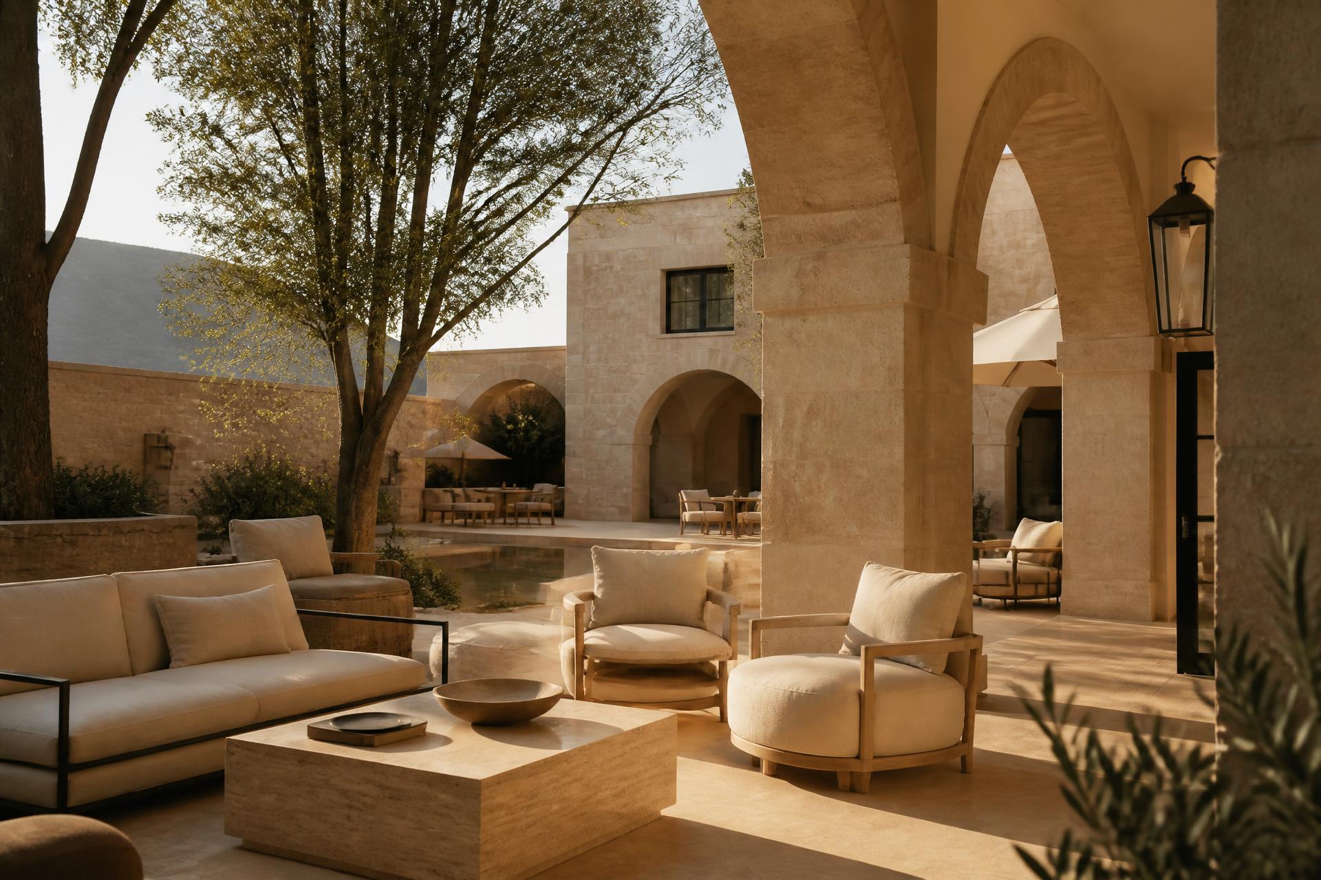 Patio de piedra natural de un hotel mediterráneo con luz cálida de tarde
